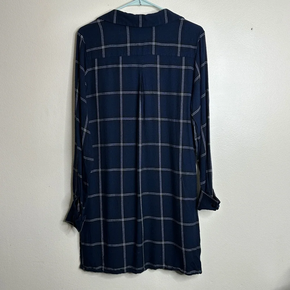 Anne Fontaine Button Down Shirt Daya Navy Blue Windowpane Plaid Viscose 42 US 10